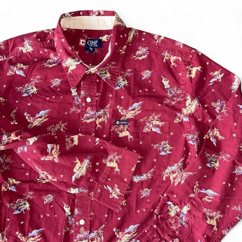 🦌Vintage 1990s Chaps Men’s Burgundy Deer Hunter Pattern | Sz Large |Button Down - Picture 4 of 8